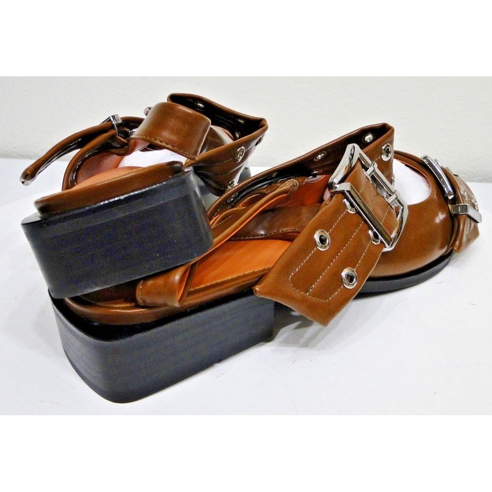 Chunky Buckle Slingback Ballerina Heel Brown Patent Leather Shoes Size 11 - Picture 5 of 13